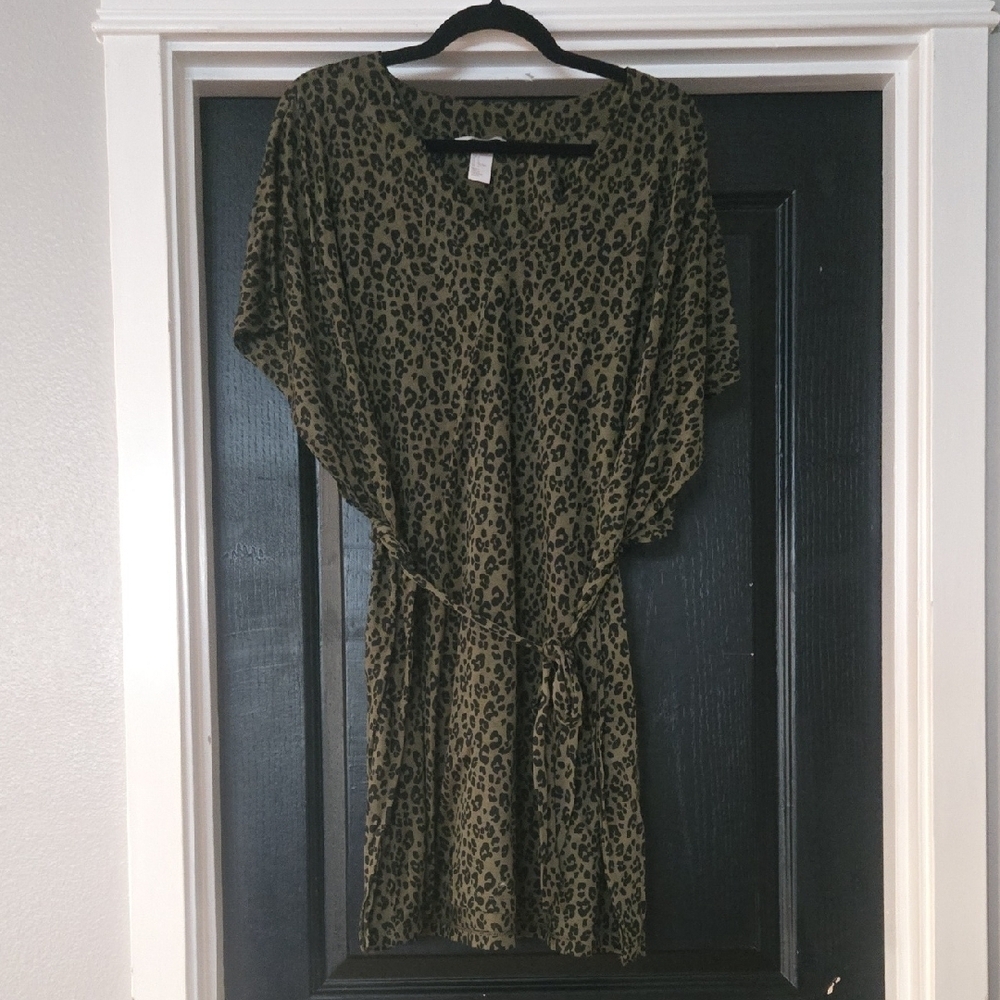 H&M Olive and Black Leopard Print Mini Dress Kaftan Swimsuit Cover-Up Size Large